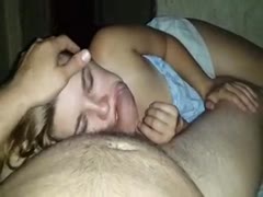 Beautiful teen giving sloppy blowjob to incest dad